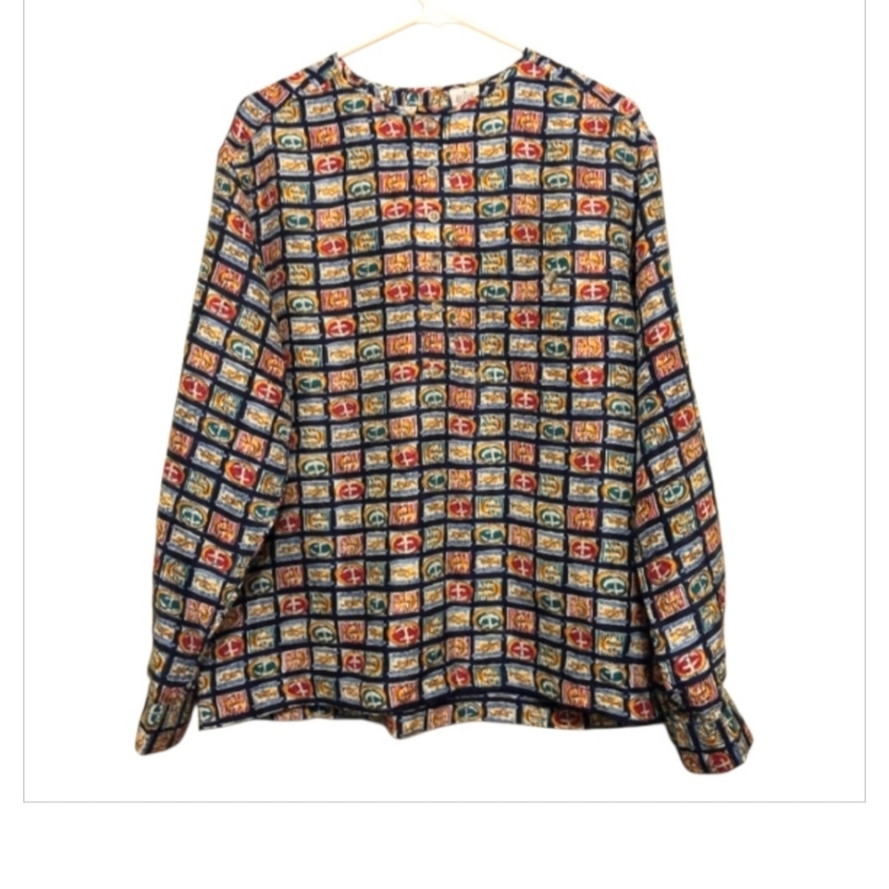Xriss Xross Vintage Silk Postage Stamp Pullover Blouse